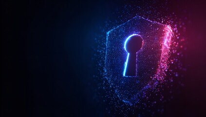 Neon Glowing Digital Shield with Keyhole Icon Representing Cybersecurity and Data Protection on a Dark Background