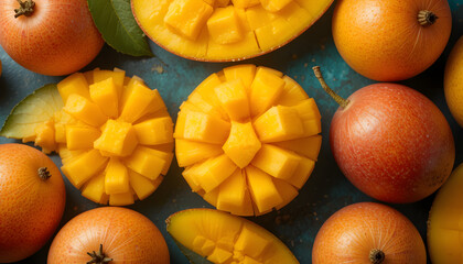 Generative AI illustration of top view of fruit background of closeup of fresh mango