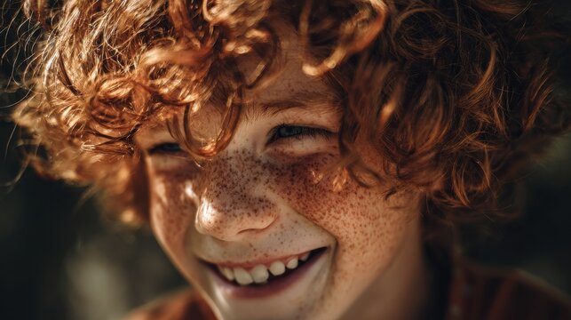 Young boy with curly red hair and freckles smiles joyfully in a sunny outdoor setting during summer activities with friends