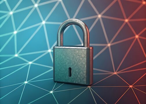 A metallic padlock on a geometric background represents cybersecurity and digital safety