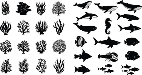 Marine life silhouettes collection, underwater ocean species set, coral seaweed fish design, aquatic biodiversity artwork, dolphin shark whale vector, sea animal clipart bundle