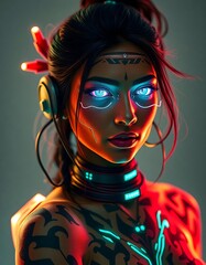 Cyberpunk woman portrait with neon lights and futuristic technology ai generated art