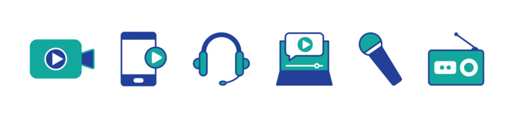 Audio Video Icons Pack. Flat icon collection set. Simple vector icons