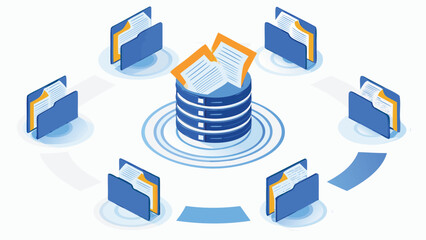 Isometric database server surrounded by folders containing files, illustrating data management and storage concept