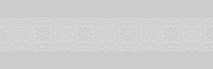 Banner, cover design, wallpaper, fresco. Geometric ethnic elegant pattern on white background. Embossing, 3D, zentangle. Tribal ornaments, arabesques, mandala of the East, Asia, India, Mexico, Aztecs.