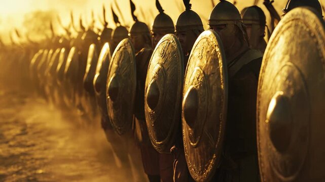 Line of ancient warriors with shields at sunset