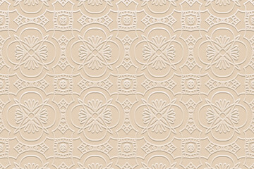 Ethnic beige background, tribal design cover, banner, wallpaper. Geometric openwork pattern. Embossed 3D ornaments, arabesques, mandala of the East, Asia, India, Mexico, Aztec, Peru.