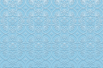 Ethnic blue background, tribal design cover, banner, wallpaper. Geometric decorative pattern. Embossed 3D ornaments, arabesques, mandala of the East, Asia, India, Mexico, Aztec, Peru.