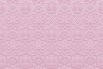 Ethnic pink background, tribal design cover, banner, wallpaper. Geometric openwork floral pattern. Embossed 3D ornaments, arabesques, mandala of the East, Asia, India, Mexico, Aztec, Peru.
