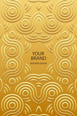 Ethnic gold background, tribal design cover, banner, wallpaper. Geometric gold elegant pattern, embossing, 3D. Ornaments, arabesques, mandala, fresco. Traditions of the East, Asia, India, Mexico.