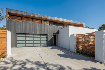Fototapeta premium Facade of a modern two-story residential house with contemporary architectural design, featuring mixed materials and a sleek garage door