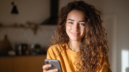 Happy hispanic teen girl holding cell phone using smartphone device at home. Smiling young latin woman blogger subscribing new social media, buying in internet, ordering products online in apps., no