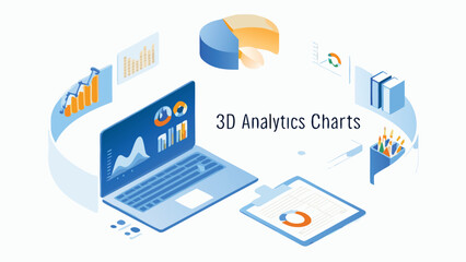 Isometric illustration of a laptop displaying charts, surrounded by data visualization elements in blue tones