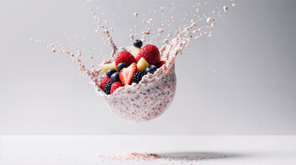 Berry and yogurt splash with mixed forest fruits and dynamic motion on white surface