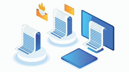 Isometric view of data transfer between devices with documents and digital communication icons around