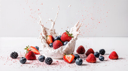 Frozen moment of fruit and yogurt bowl explosion with tropical berries on grey backdrop