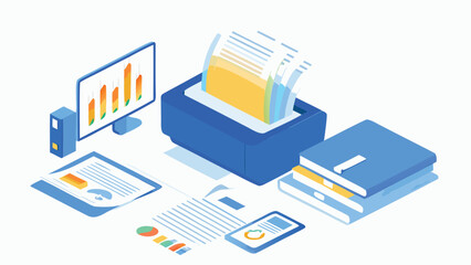 Isometric view of office setup with computer printer documents and books illustrating business tasks