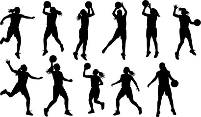 Vector silhouettes of girls highschool basketball players.

