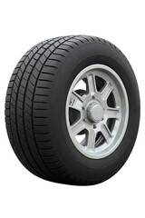 Obraz premium Automotive car wheel with black tire and silver alloy rim isolated on a transparent background