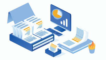 Isometric view of documents in a box, computer with chart, and papers with a flame icon nearby