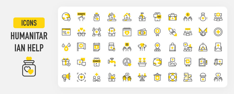 Humanitarian help icons. Community, Hygiene Products, Helping Hand, Homeless, Earthquake, Hands, Placeholder, Poster, Gift, Letter, Food, Medal, Badge vector stroke illustration.	
