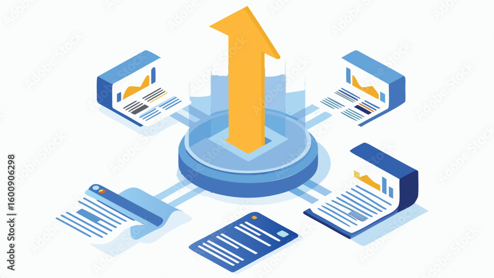 Poster isometric illustration of data processing with documents and an upward pointing arrow center