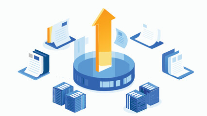 Isometric view of data upload with arrow pointing upwards surrounded by documents and data blocks