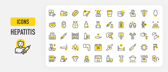Hepatitis icons. Bacteria, Antibody, Joint, Dry, Fever, Boiling, Vaccine, Washing Hands, Muscle Pain, Ultrasound, Weight Loss, Doctor, Abdominal Pain, Liver vector stroke illustration.  © Picvault