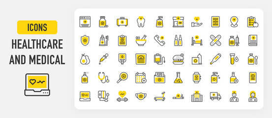 Healthcare and medical icons. Appointment, Stethoscope, Quit Smoking, Smartwatch, Hospital Bed, Flask, Medical Record, Toothpaste, Medical Report, Dental vector stroke illustration.	
