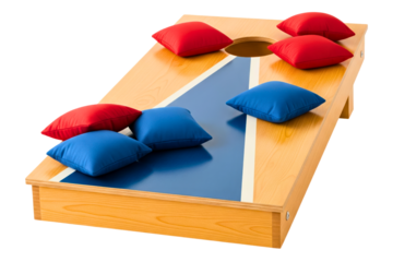 Wooden cornhole board game with red and blue bean bags isolated on a transparent background