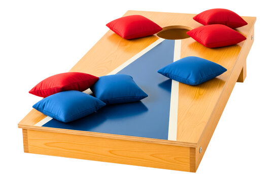 Wooden cornhole board game with red and blue bean bags isolated on a transparent background
