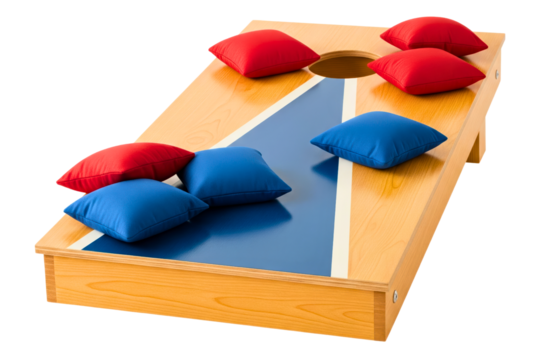 Wooden cornhole board game with red and blue bean bags isolated on a transparent background