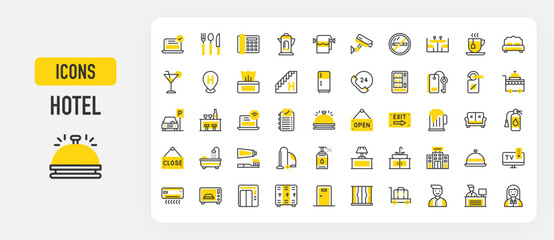 Hotel icons. CCTV Camera, Parking, Open, Bell, Room Door, Online Booking, Cocktail, Bath Tub, Tissue Box, Food Tray, 24 Hours, Bar, Free Wifi, Oven, Cutlery vector stroke illustration.	