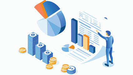 Isometric illustration showing a man analyzing financial data with charts, graphs, and coin stacks nearby