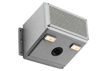 Wall-mounted security alarm system with motion sensor and speaker isolated on a transparent background