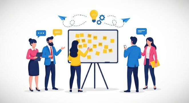 A diverse team of professionals is actively engaged in a brainstorming session around a whiteboard covered in sticky notes