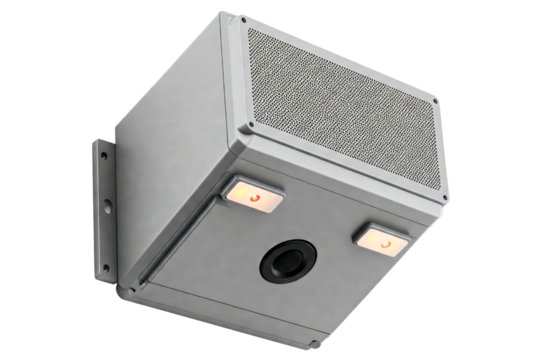 Wall-mounted security alarm system with motion sensor and speaker isolated on a transparent background