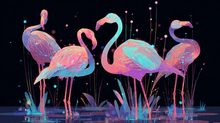 A vector illustration of bioluminescent Lake Natron flamingos with glowing wing patterns