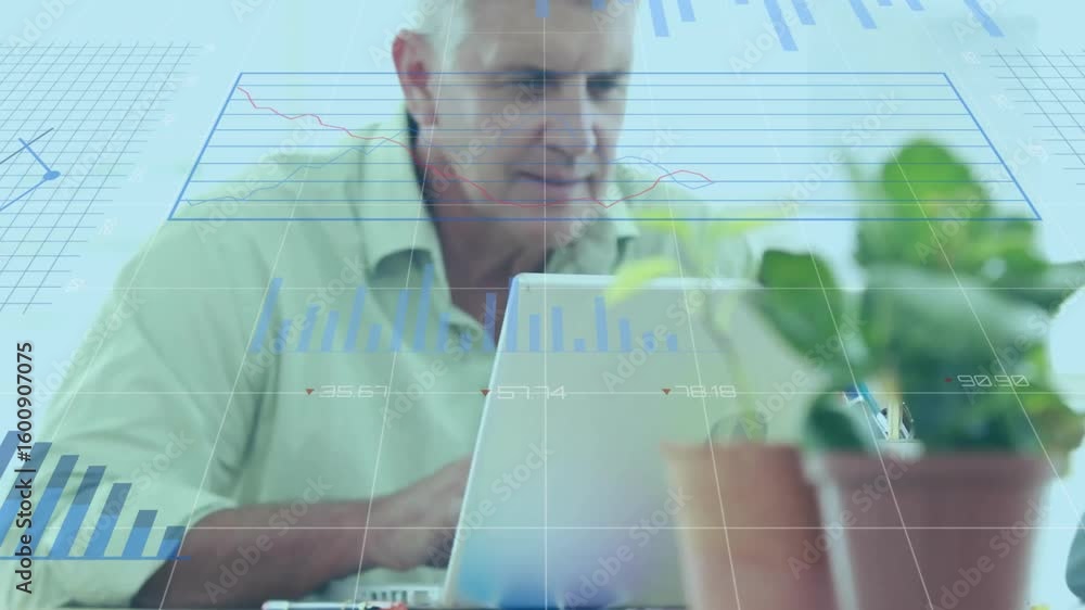 Poster hand typing on laptop with plants forefront amid intensifying finance data charts analyzing metrics