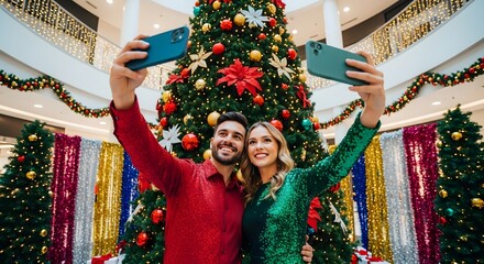 Festive couple taking a selfie in front of a Christmas tree at the mall.