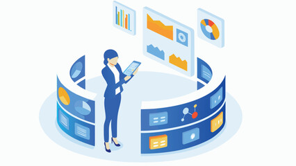 Woman in suit analyzes data on tablet surrounded by curved screens displaying various charts and graphs