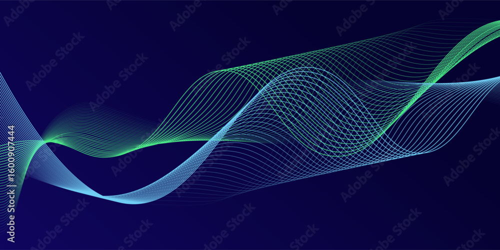 Poster abstract glowing wave lines on dark blue background. dynamic wave pattern. modern flowing wavy lines
