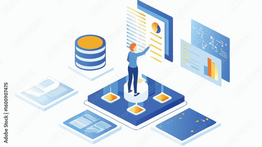 Poster isometric illustration of a woman interacting with data visualizations and database elements online