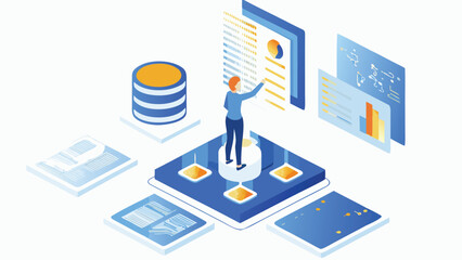Isometric illustration of a woman interacting with data visualizations and database elements online
