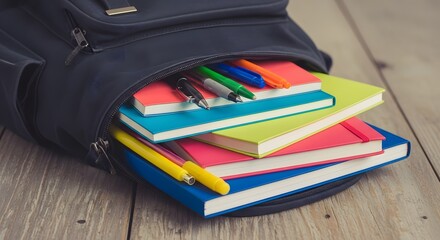Open backpack with colorful books and pens on a wooden desk, representing education and school supplies
