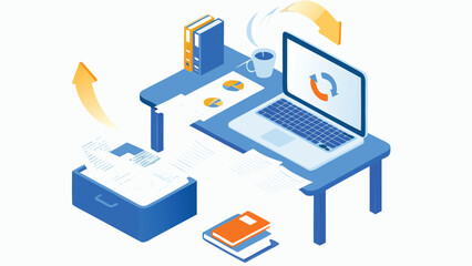 Isometric view of a blue desk with laptop coffee cup books and papers showing office workflow concept
