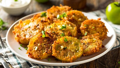 Crispy fried green tomato slices on a plate