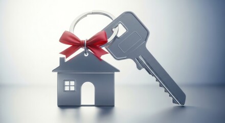 A shiny metal key and house shaped keychain are presented with a red bow, symbolizing home ownership, real estate, and the joy of a new home purchase.