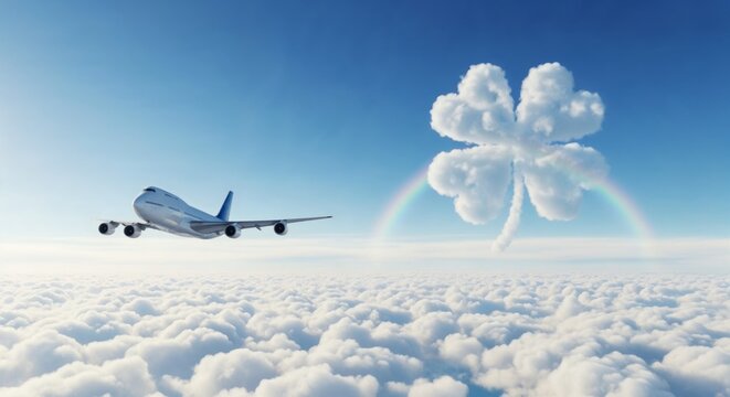 Commercial plane flying by a a rainboe and a clover shaped cloud