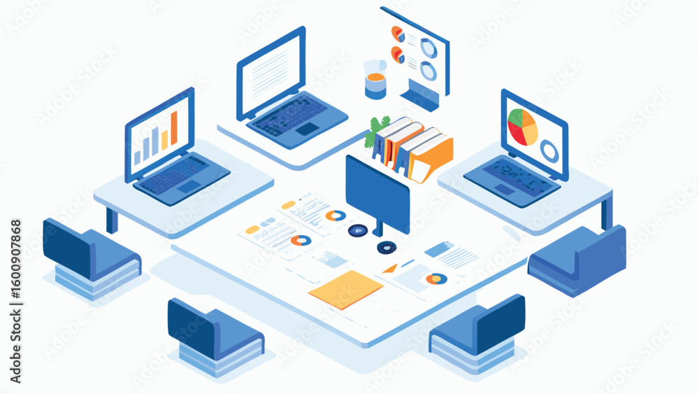 Poster isometric view of networked computers displaying charts and graphs around a central data table area